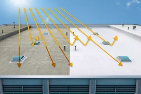 A side-by-side illustration of a "Cool Roof" versus a regular one.
